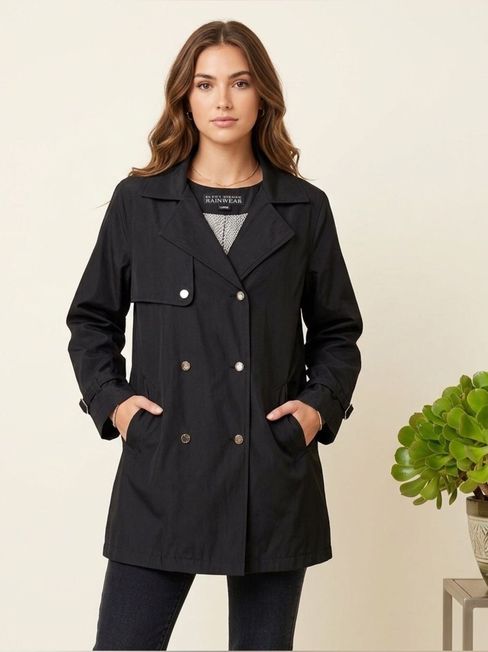 Fleet Street Rainwear Classic Black Double-Breasted Trench Coat SZ L